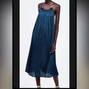 Zara Blue Silk Dress with Spaghetti Straps - Worn Once and Dry Cleaned - Size SM